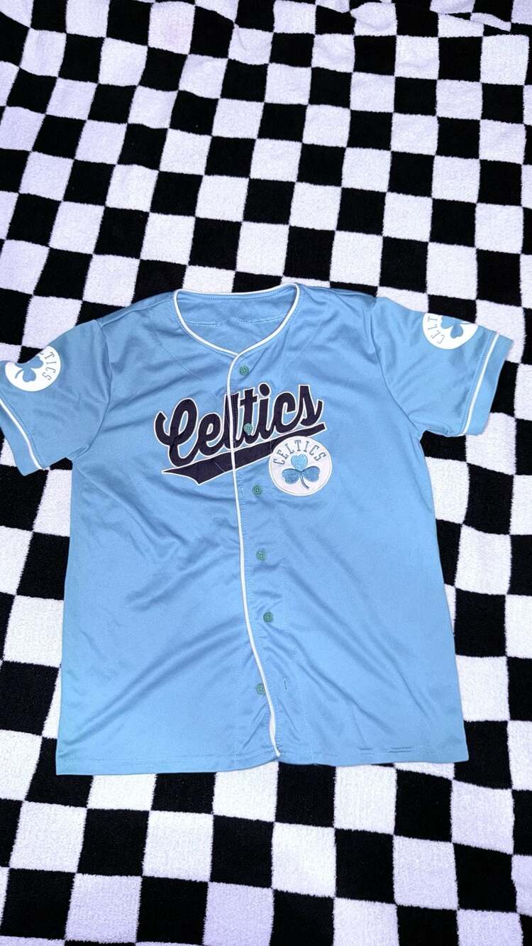 Boston Celtics Powder green  Baseball Jersey Script Logo Shirt small
